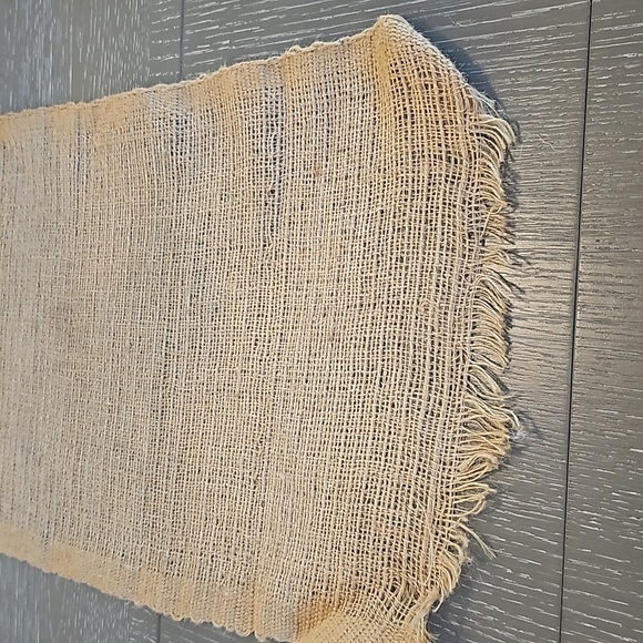 VINTAGE 2 piece Runner Tan Burlap w Fringe & Brown Weave. 72"x14" - Picture 9 of 10